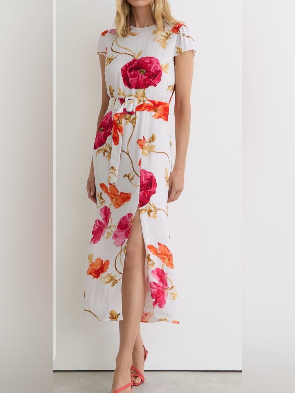 Reiss White Maxi Dress with orange and fuscia Floral Print and Belt